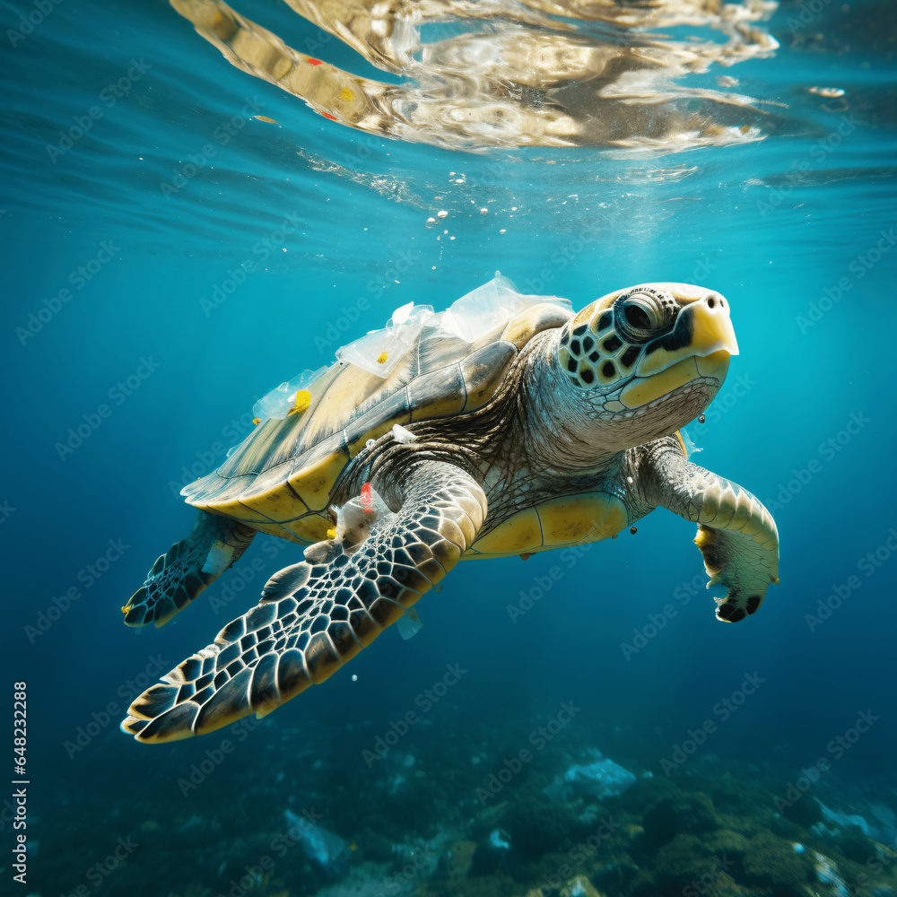 Fototapeta premium Sea turtles,majestic creatures the ocean, navigate through their habitat,but their serene journey is marred the heartbreaking sight trash floating alongside them in the sea, Generative Ai illustration