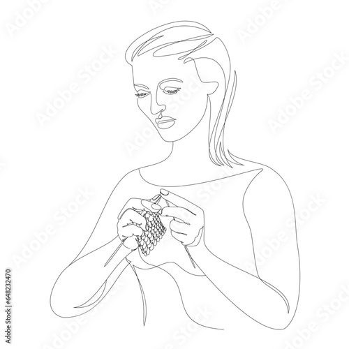 Silhouettes of the girl, she knitting with threads. Woman's hands in modern trendy style with one line. Solid line, outline for decor, posters, stickers, logo. Vector illustration.