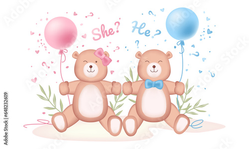 Boy or girl. Invitation or banner template with cute teddy bears and helium balloons. Vector illustration. Baby's t-shirt, baby shower,  design element