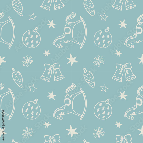 New Year Toys repeating seamless pattern of winter decorative vintage ornament. Hand drawn holiday background for greeting card, textile, packaging, template, design. Vector illustration boho style