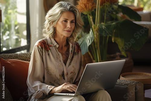 Senior woman using laptop while sitting on sofa in loft interior of living room