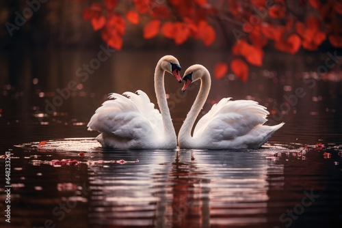Fototapeta Naklejka Na Ścianę i Meble -  Two swans in love swimming in autumn lake. Pair white swans in heart shape floating in pond