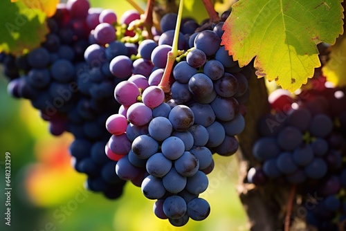 Close-up of almost ready grapes in vineyard, Italy. Generative AI