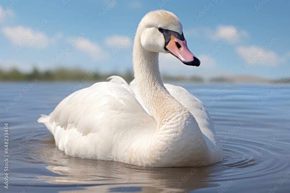 Beautiful white swan swimming on water in river or lake, summer day Beautiful white swan swimming on water in river or lake, summer day
