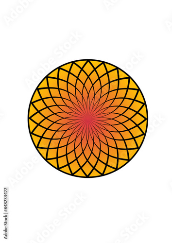 komplexes rotationssymmetzrisches gitter in form einer blüte mit sich vielfach kreuzenden und zum zentrum hin verjüngenden linien vor goldenem und rotem hintergrund, mandala, rosette, modern art 