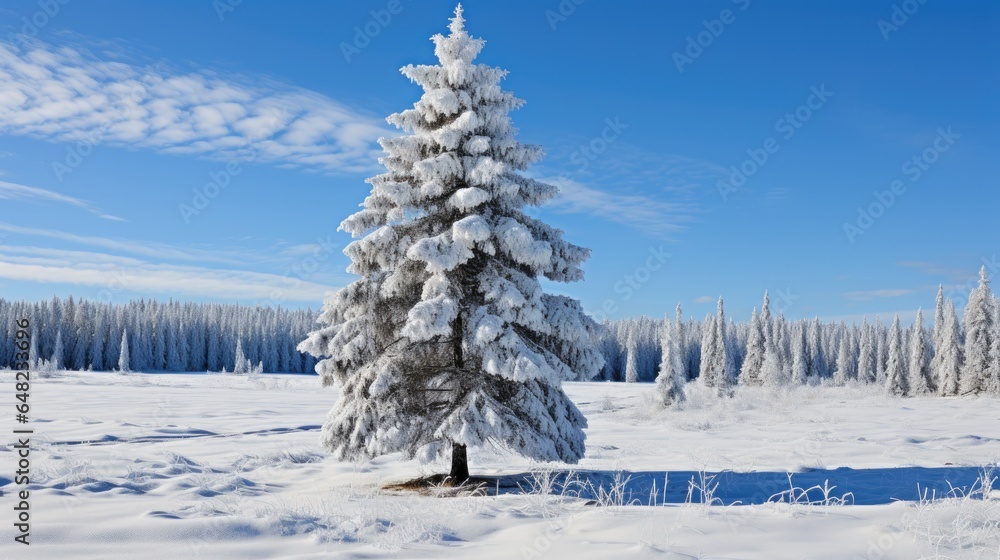Fototapeta premium Fir tree in winter forest, covered fresh snow at frosty Christmas day. Beautiful winter landscape.
