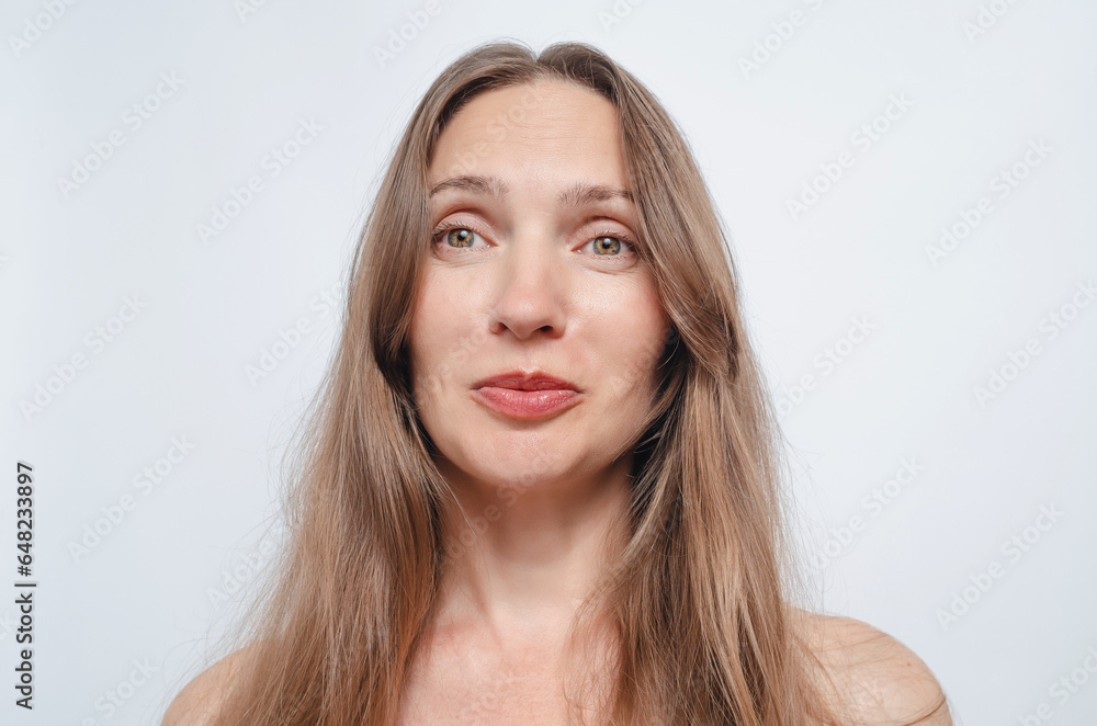 Close-up portrait of woman portrait in positive view, smile, beautiful model posing in studio over white background. Caucasian portrait woman. Close-up portrait of woman portrait in positive view, smile, beautiful model posing in studio over white background. Caucasian portrait woman.