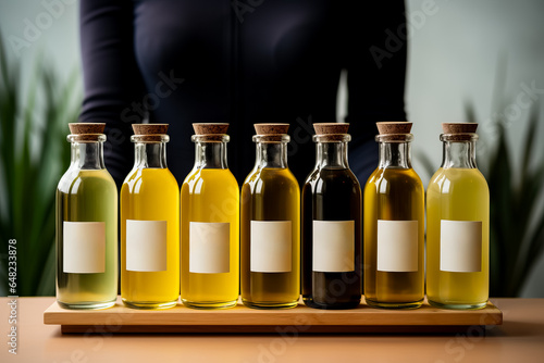 Artisan hand applying labels to olive oil bottles isolated on a pastel gradient background  photo