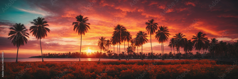 Sunset and beach with palms