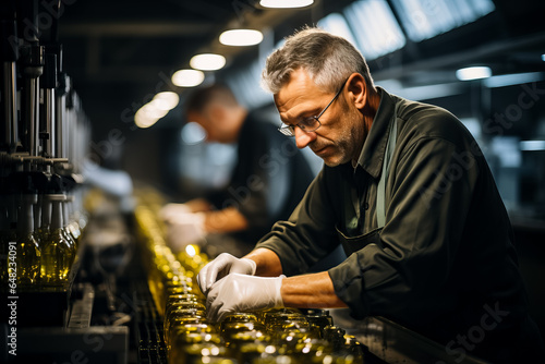 Inspector examining olive oil bottles on the production line isolated on an industrial grey gradient background 