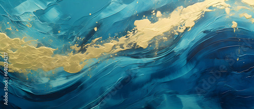 blue marble and gold abstract background texture, Indigo ocean blue marbling with natural luxury style swirls of marble and gold powder, acrylic texture,  panoramic banner, Generative AI