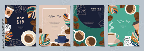 Set of sketch banners with coffee beans and leaves on minimal background for invitations, cards, banner, poster, cover, cafe menu or another template design. vector illustration.