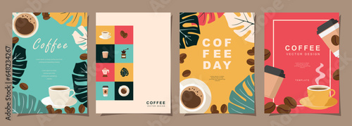 Set of Sketch banners with coffee beans and leaves on colorful background for poster or another template design. vector illustration.