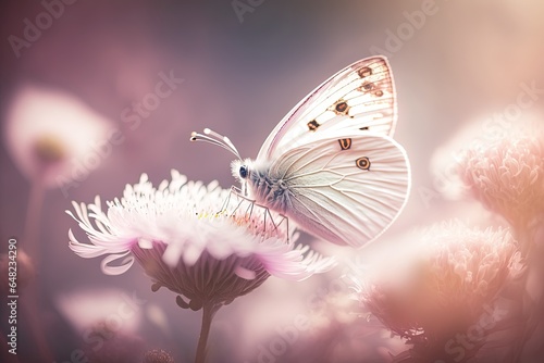 A butterfly sits on a large white flower. Butterfly on a pink flowers background. AI generated © Olha