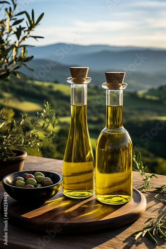 Bottled organic olive oil arranged artistically fresh harvest in the background with empty space for text 
