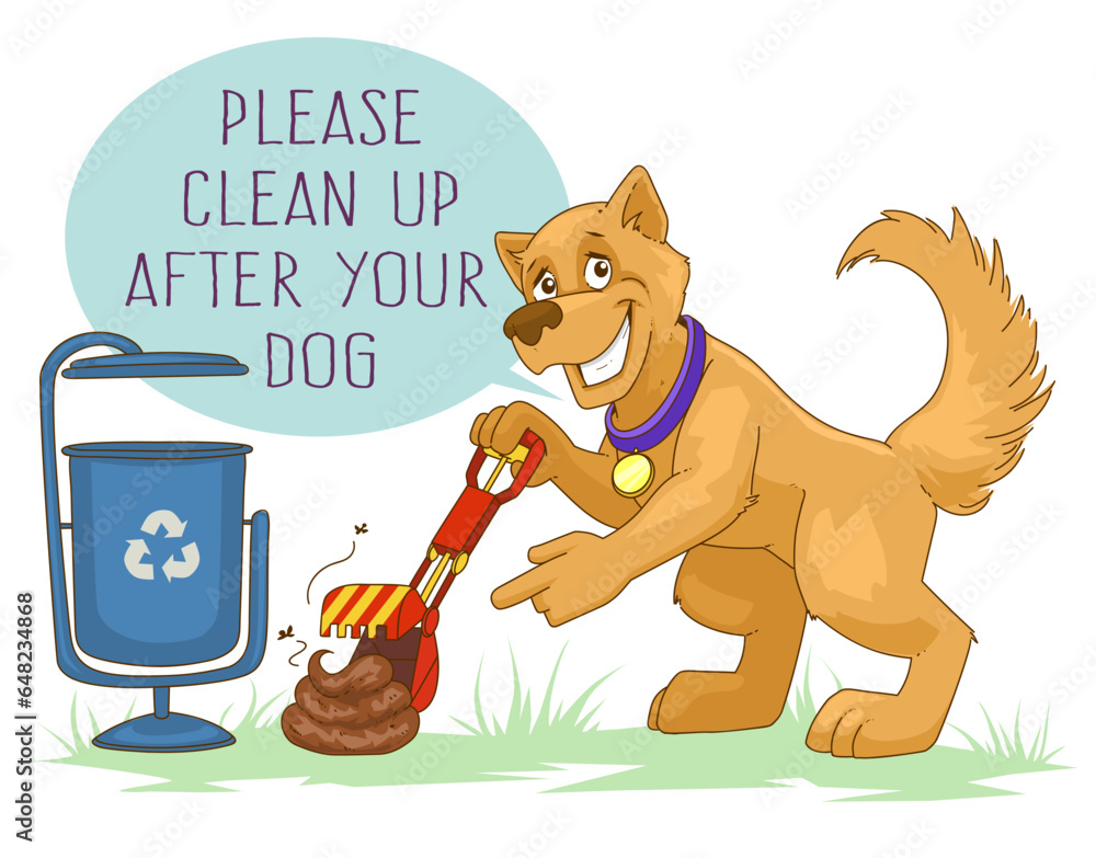 Funny Dog Character Clean Up His Poops. Please, Clean Up After Your Dog 