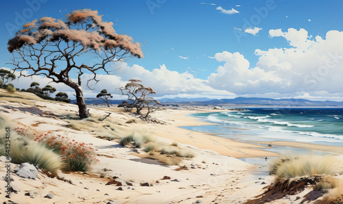Watercolor, sandy seashore on a sunny day.