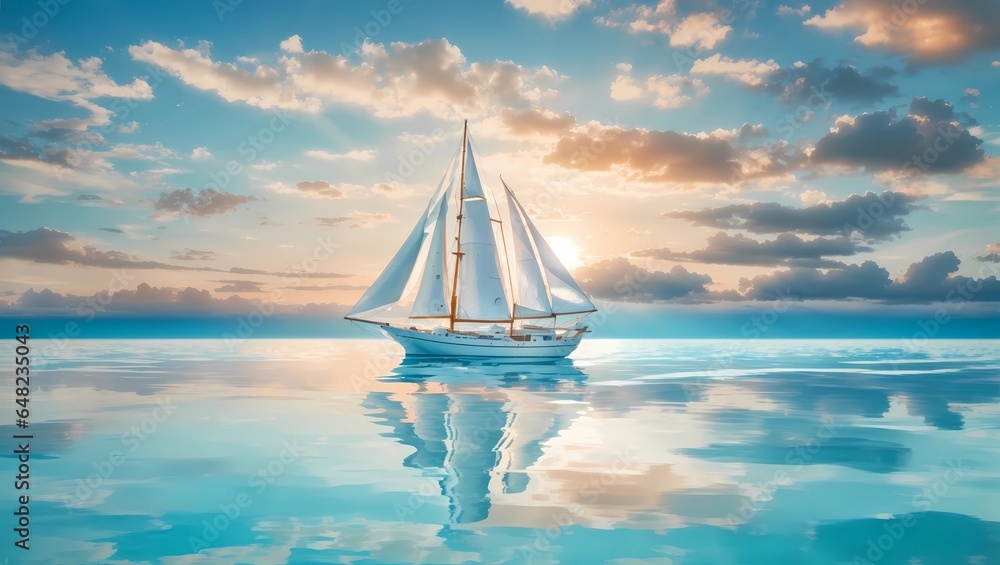   the serenity of a ship with a white sail gracefully sailing on turquoise waters. As the white clouds drift by and the sun sets, the reflection on the calm waters creates an idyllic and romantic seas