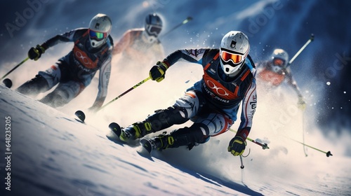 an image of an alpine skiing competition with athletes racing downhill photo