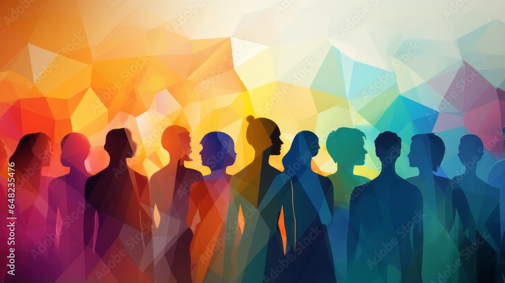 Illustration of a colourful group of people standing together, Gender diversity concept art - created with Generative AI technology