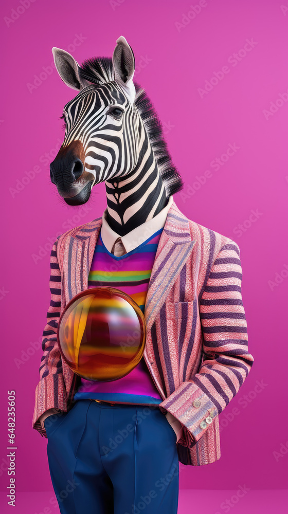 Portrait of a trendy zebra wearing suit cool sunglasses. Summer holiday concept. Generative ai 