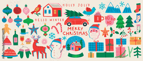 vChristmas set of graphic elements, hand drawn style - cute objects, snowmen, Santa Claus and other elements.