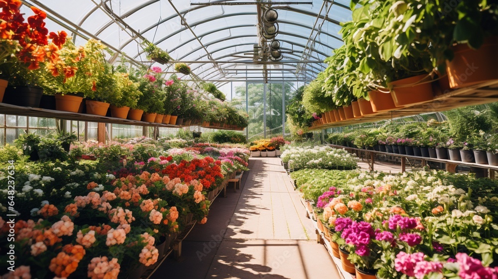an image of a bustling greenhouse with rows of thriving plants and flowers