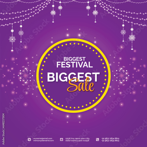 Happy Diwali biggest sale purple background with light decoration social media story post or poster and banner design vector file