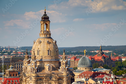 The dome of the Dresden Frauenkirche, landmark of the city of Dresden, Saxony, Germany, view from the castle church