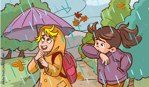 Illustration of a cute little Girls Having a Rainy Day