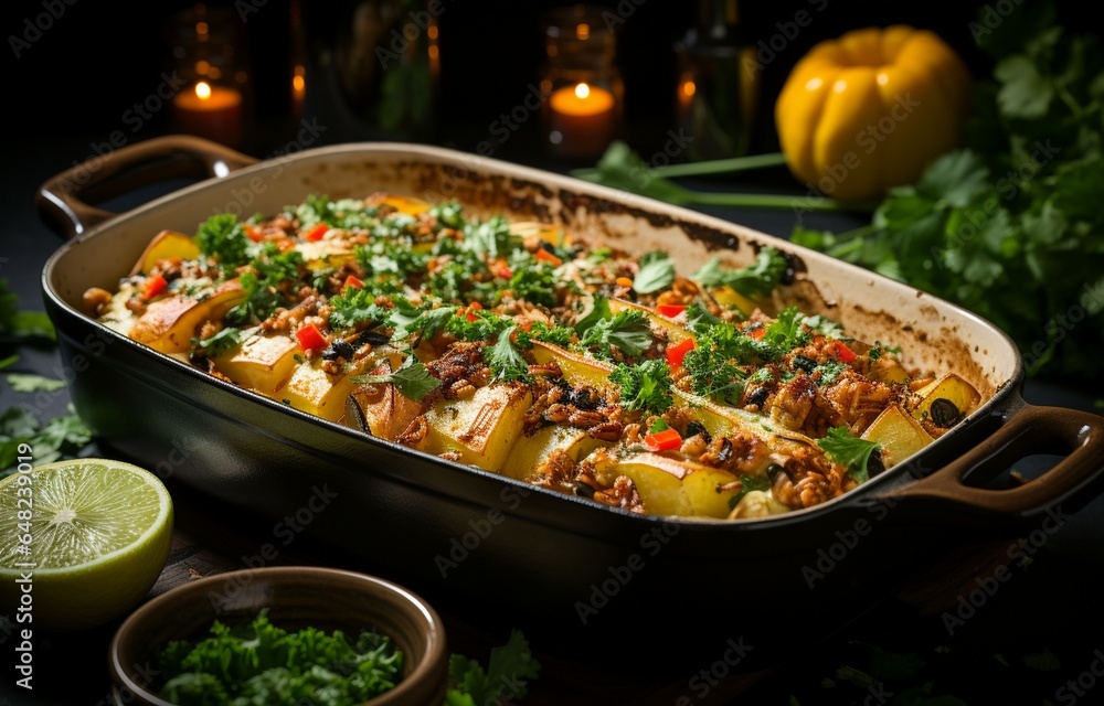 A Santa Fe-style chicken and yellow squash casserole with lettuce, black-eyed peas, and green bean salad is shown from the top. Generative AI A Santa Fe-style chicken and yellow squash casserole with lettuce, black-eyed peas, and green bean salad is shown from the top. Generative AI