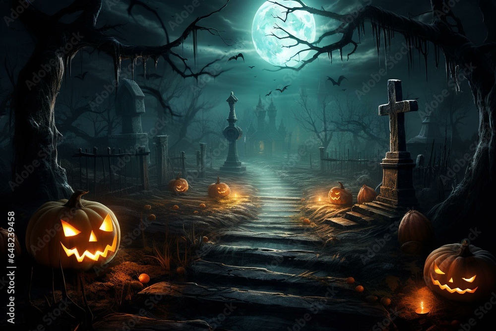 Spooky Halloween scene with a pumpkin in a cemetery at night. Misty swamps, eerie fog, creepy forest, gravestones, firefly, and a full moon. Generative AI