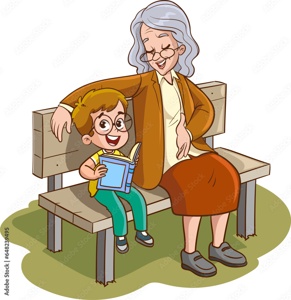 children reading a book sitting on the bench with his grandmother