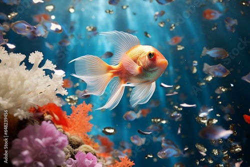 Goldfish leaping to freedom in coral paradise. Generative AI © Moriko