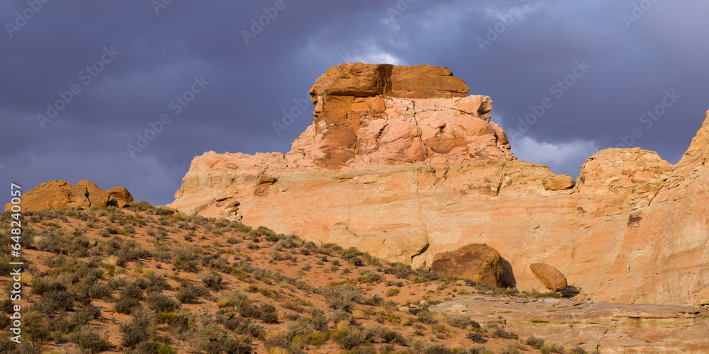 Rugged Rock Formation And Cliffs On A Desert Landscape; Utah, United States of America Rugged Rock Formation And Cliffs On A Desert Landscape; Utah, United States of America