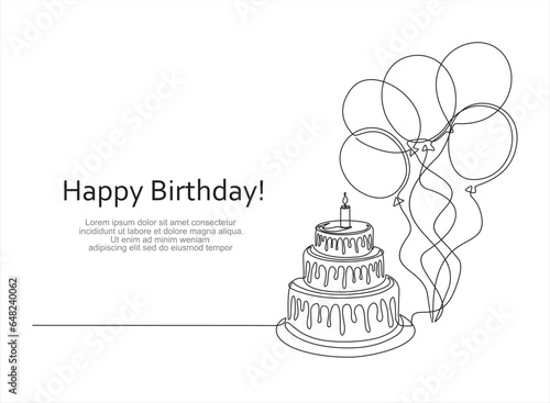 Continuous line drawing of birthday cake and balloons. Cake with sweet cream and a candle. Birthday celebration concept isolated on white background. Hand drawn design vector illustration