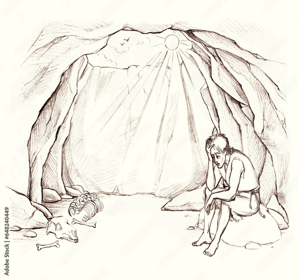 Obraz premium Pencil drawing. The guy fell into a big hole