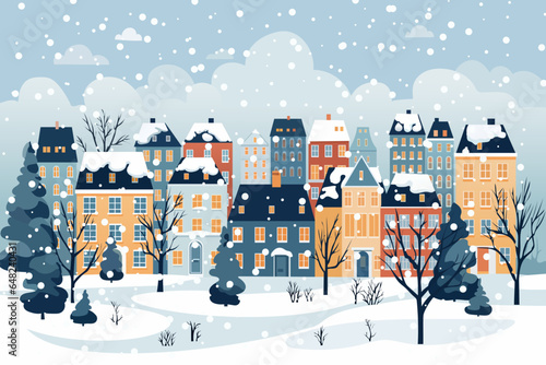 Landscape of a winter city. Beautiful cartoon vector illustration of cheerful colorful houses in snowy weather. City at Christmas time.