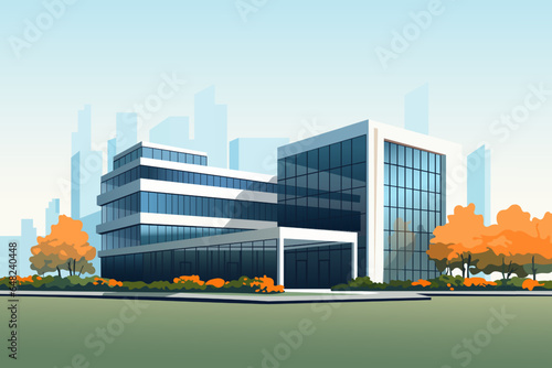 Business center with glass windows or mall on the background of the city. Modern office building with trees and parking. Vector illustration.	

