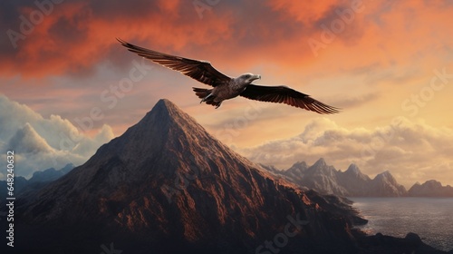 an image of a graceful pterodroma bird soaring above a volcanic island