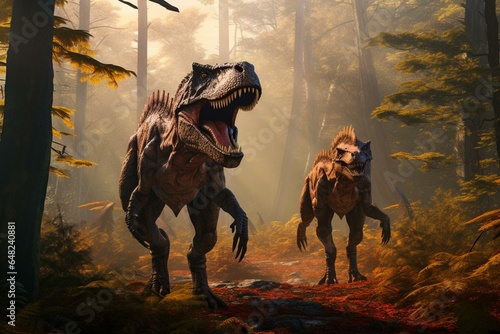 two dinosaurs walk through forest. Generative AI