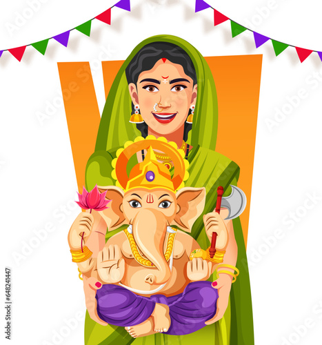 Cheerful Marathi woman welcoming Lord Ganesha idol on Ganesh Chaturthi celebration