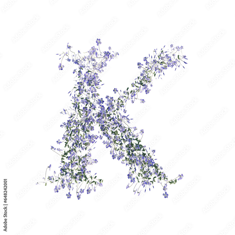 Font made of flowers and leaves, alphabet, font art 3d rendering with transparent background
