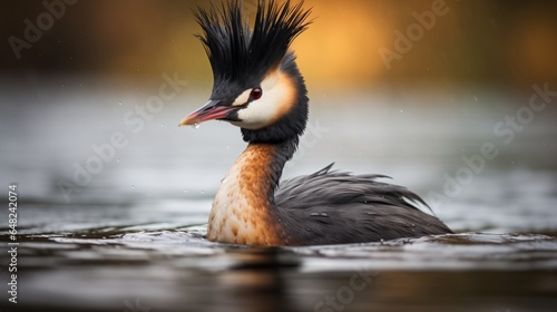 an image of a grebe bird with its striped head markings