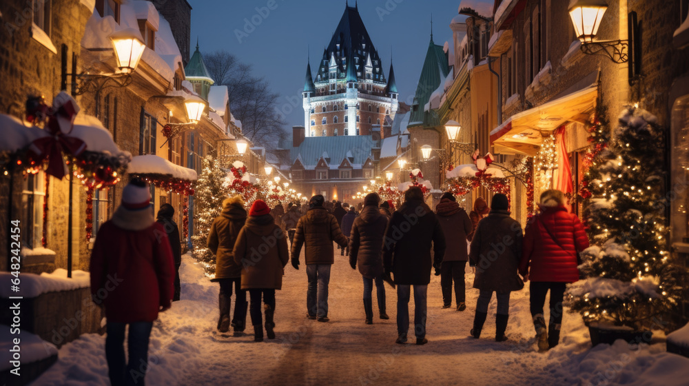 People walk through a small town in the evening in winter People walk through a small town in the evening in winter