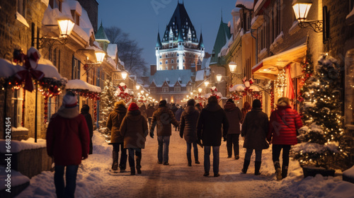 People walk through a small town in the evening in winter