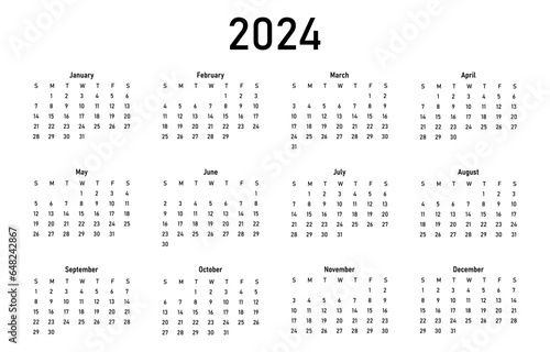 Calendar 2024 year. Week Start on Sunday. Vector illustration isolated on white background