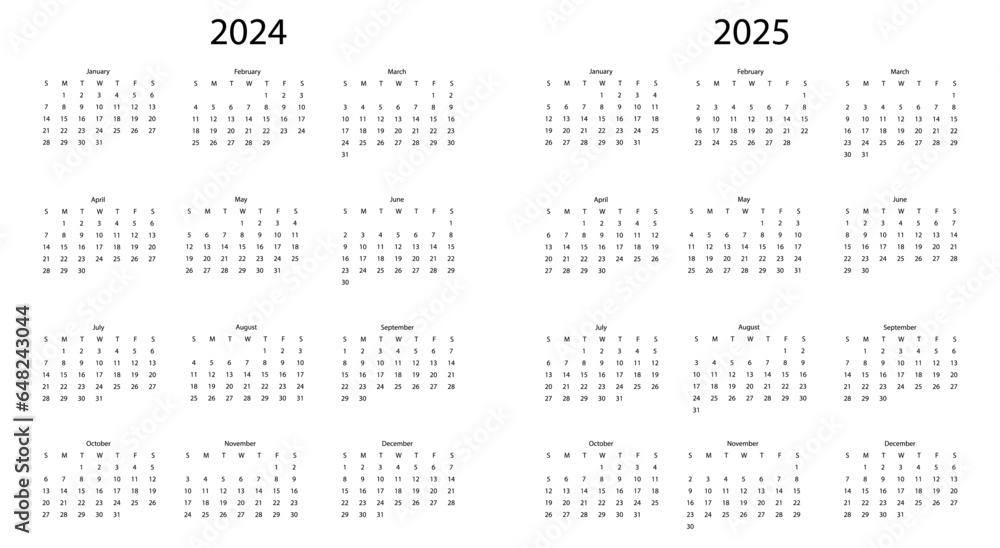 Monthly calendar template for 2024 and 2025 years. Week Start on Sunday. Wall calendar in a minimalist style - obrazy, fototapety, plakaty 
