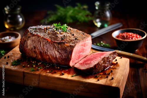 Roast beef on cutting board with pepper and herbs and wooden table background