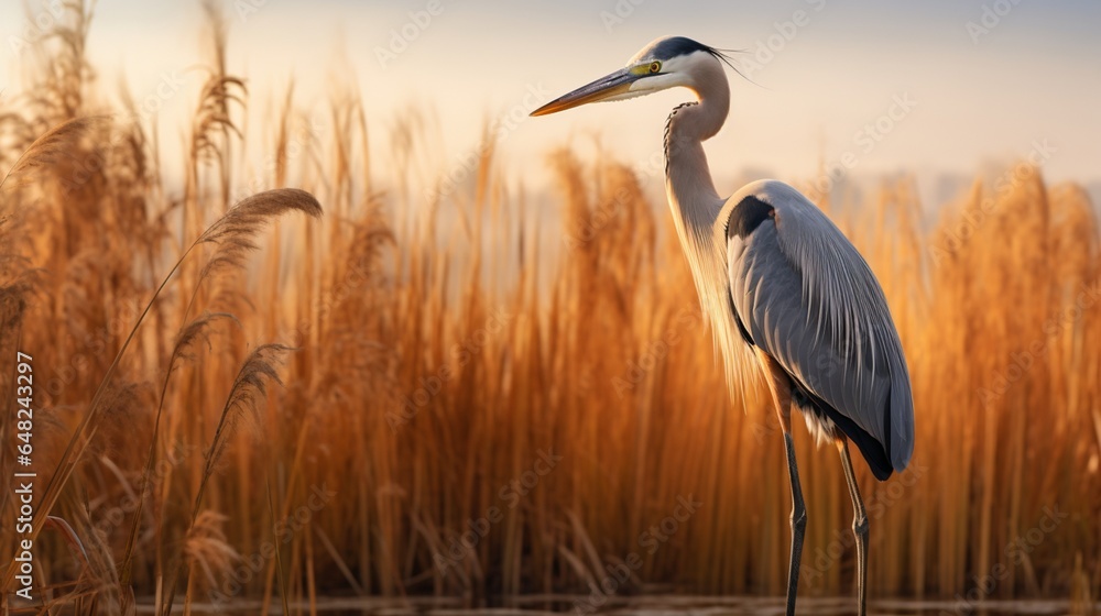 an image of a heron standing tall amidst the reeds - obrazy, fototapety, plakaty 